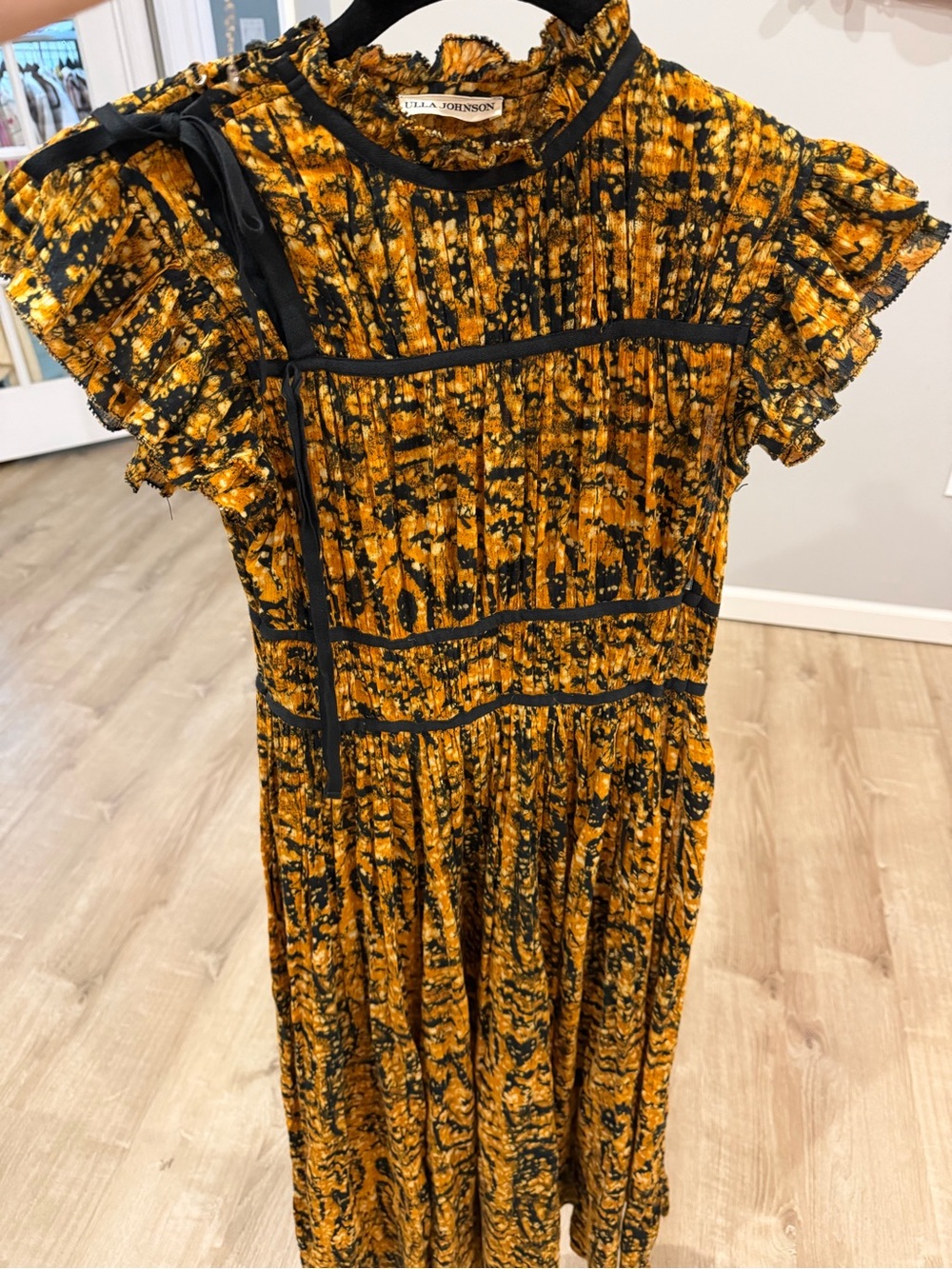 Ulla Johnson Black and Yellow Textured Pleated Midi Dress